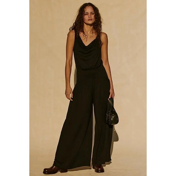 Free People Free-est Royale One Piece Jumpsuit Black Cowl Neck Wide Leg Boho L - Picture 1 of 9